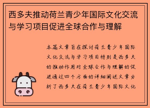 西多夫推动荷兰青少年国际文化交流与学习项目促进全球合作与理解